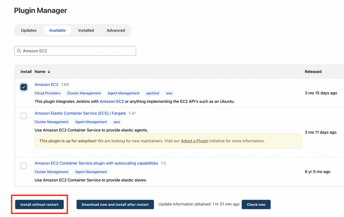 Jenkins Plugin Manager showing available plugins.